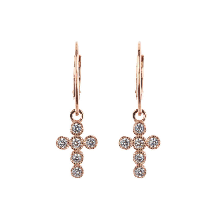 Orecchini a cerchio con pendente croce, gioielli Iesus,in argento (color oro rosa)  e zirconi bianco - Agios
